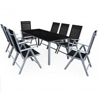 Table Chairs Set Garden Patio Modern Outdoor Dining Furniture Aluminum Frame Glass Table Top 8 Seater Reclining Folding  Chair